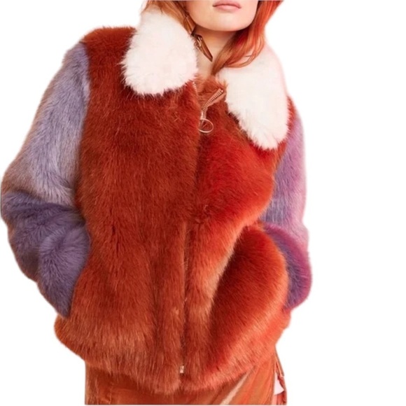 LPA *Celebrity Favorite* Faux Fur Color Block Jacket 413 in Rust & Lilac - Picture 4 of 16